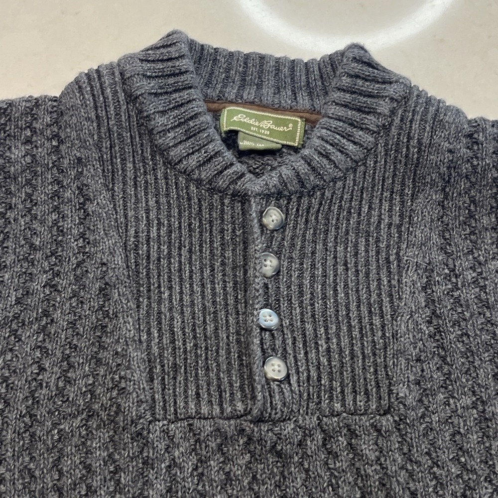 Eddie‎ Bauer Cotton Big Knit Gray Fisherman Sweater 1/4 Button XL Grandpa Preppy - Picture 3 of 6